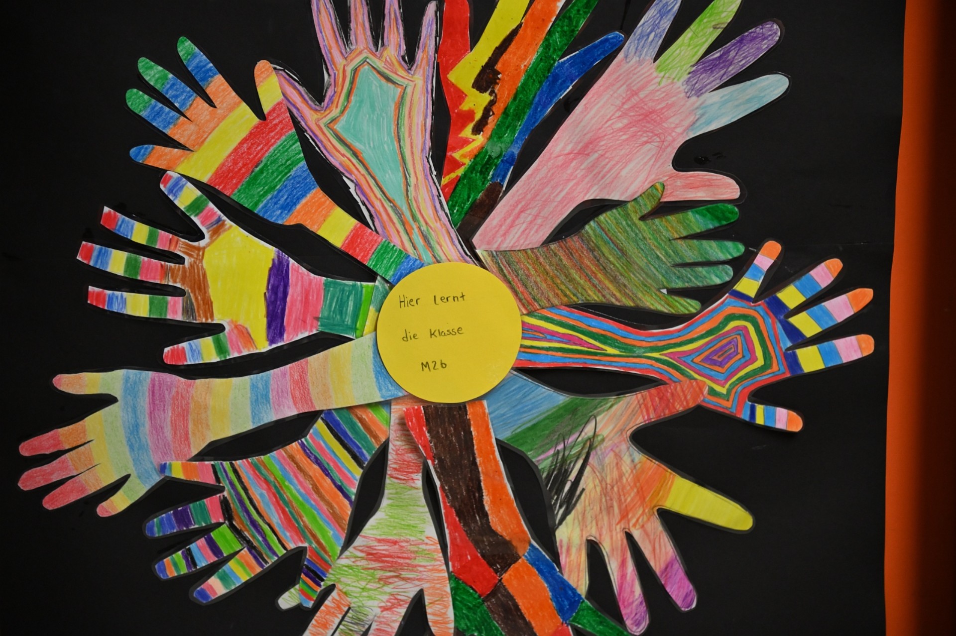 Buntbemalte Hände aus Papier sind strahlenförmig um einen gelben Kreis angeordnet auf dem "Hier lernt die Klasse M2b" steht