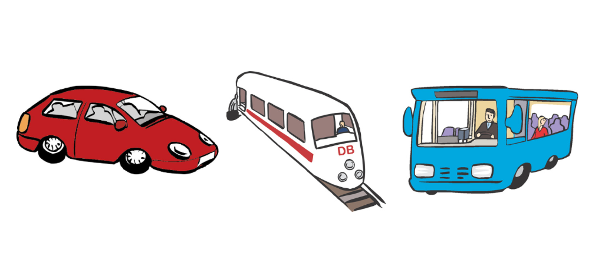 Illustration mit einem Auto, einem Zug der Deutschen Bahn und einem Bus, die suggerieren, welche Transportmittel man nutzen kann.