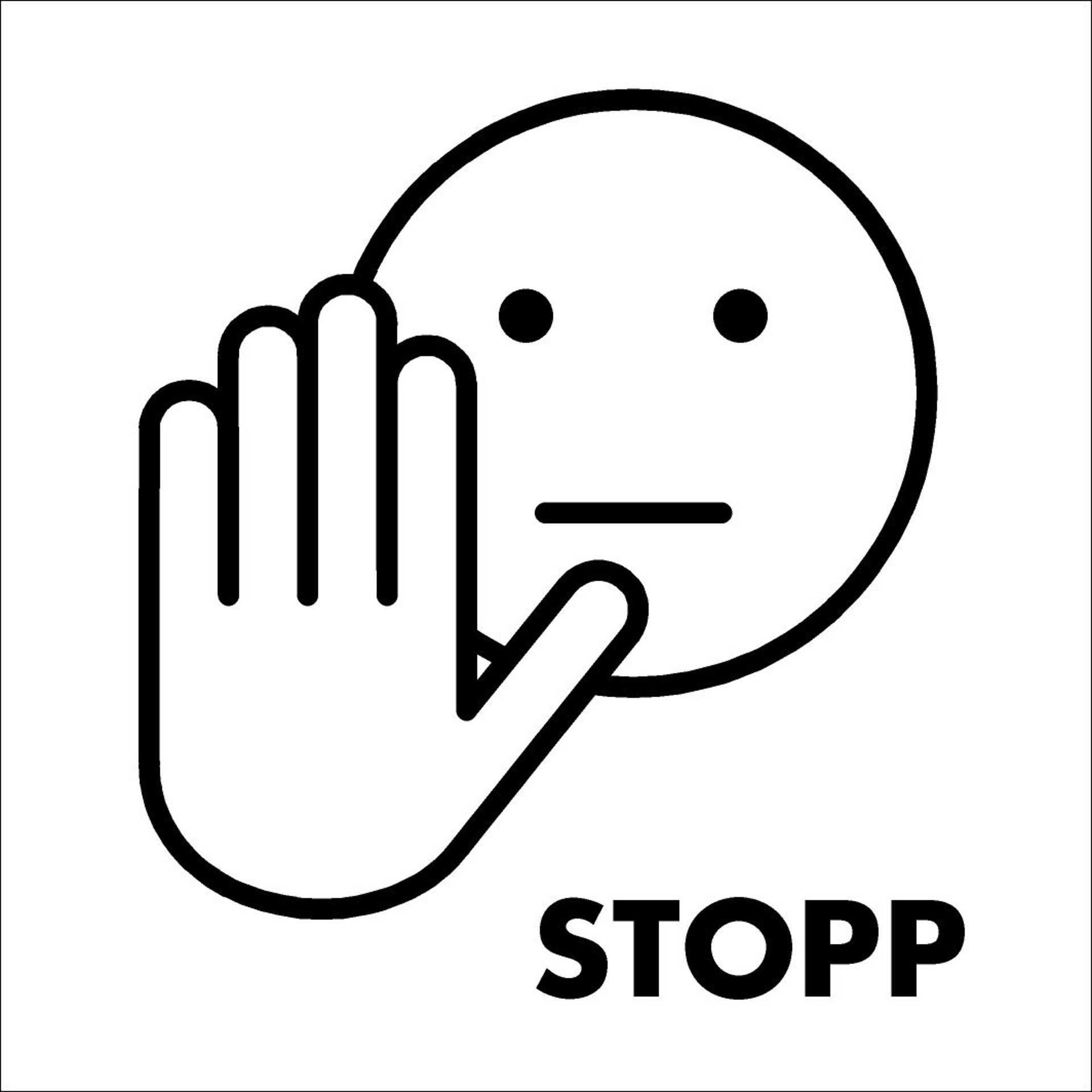 Strichzeichnung: Smiley mit abwehrender Hand und dem Schriftzug "Stopp"