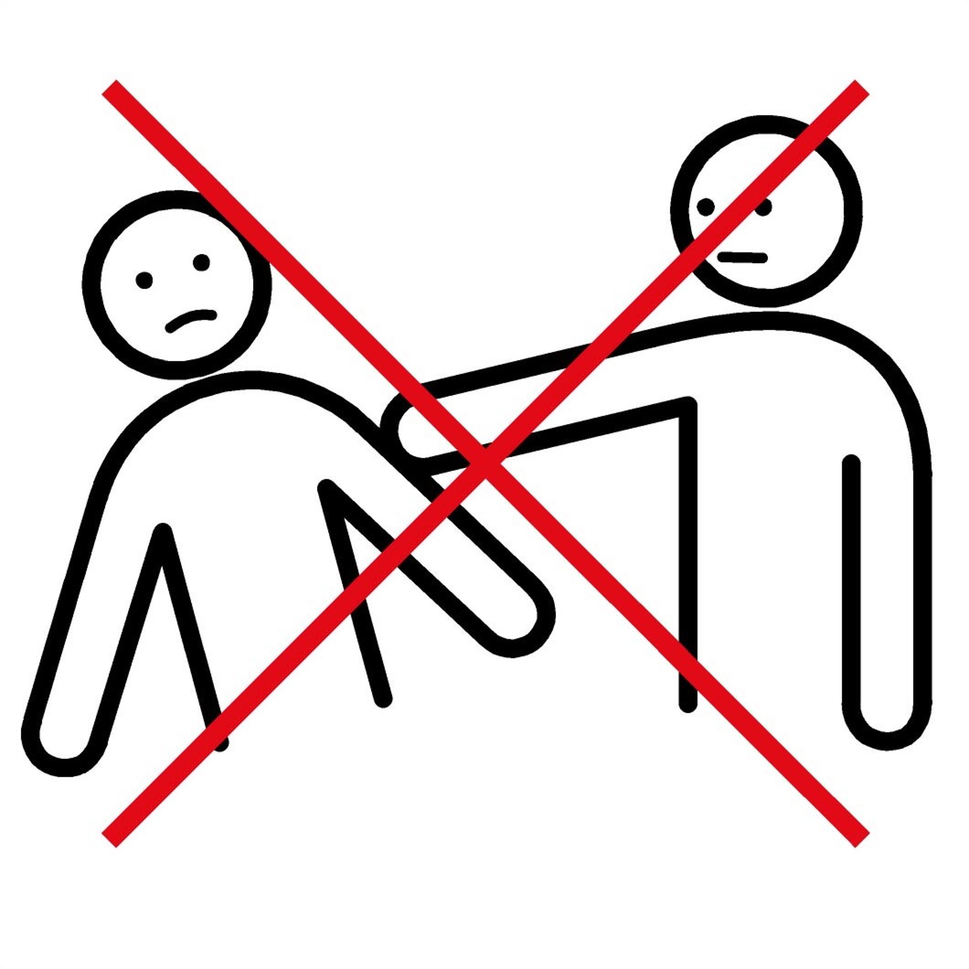 Symbolische Darstellung: Eine Person schubst eine andere. Die Darstellung ist durchgestrichen.