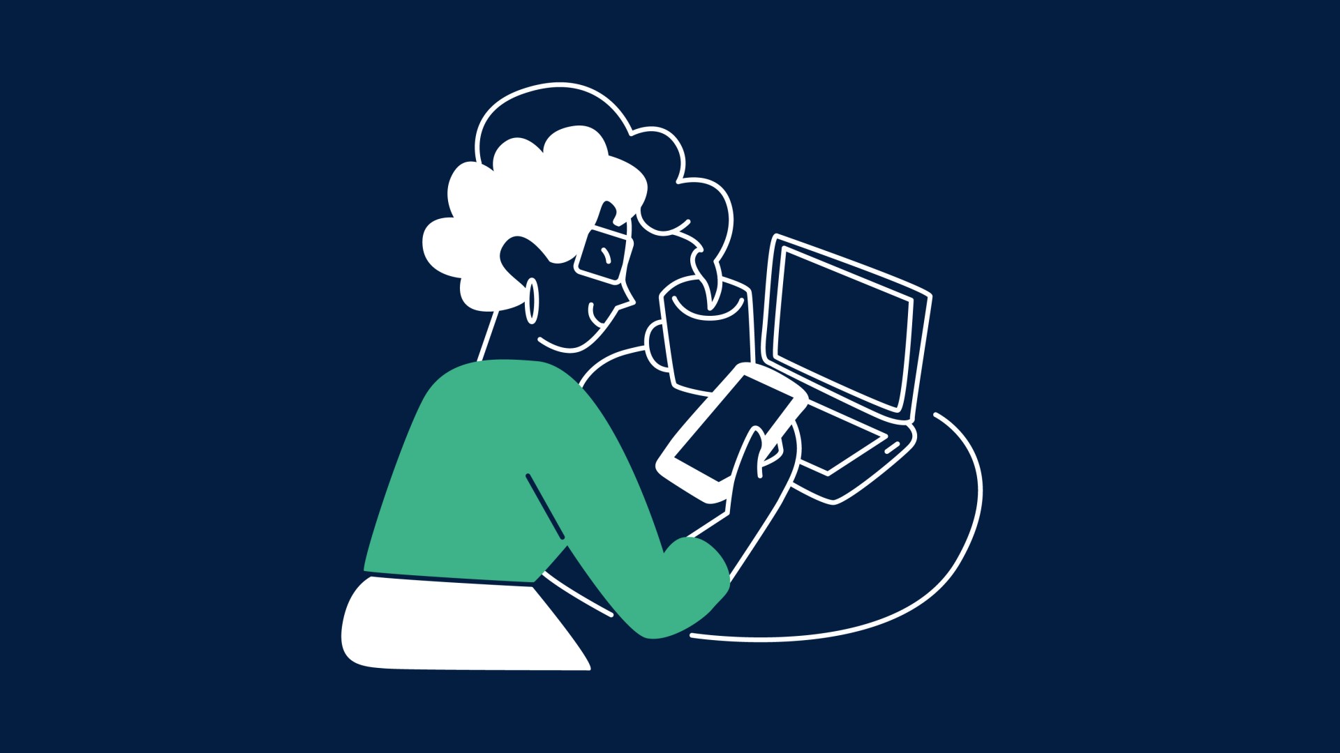 Illustration einer Frau, die mit dampfender Tasse und Smartphone vor einem Laptop sitzt.
