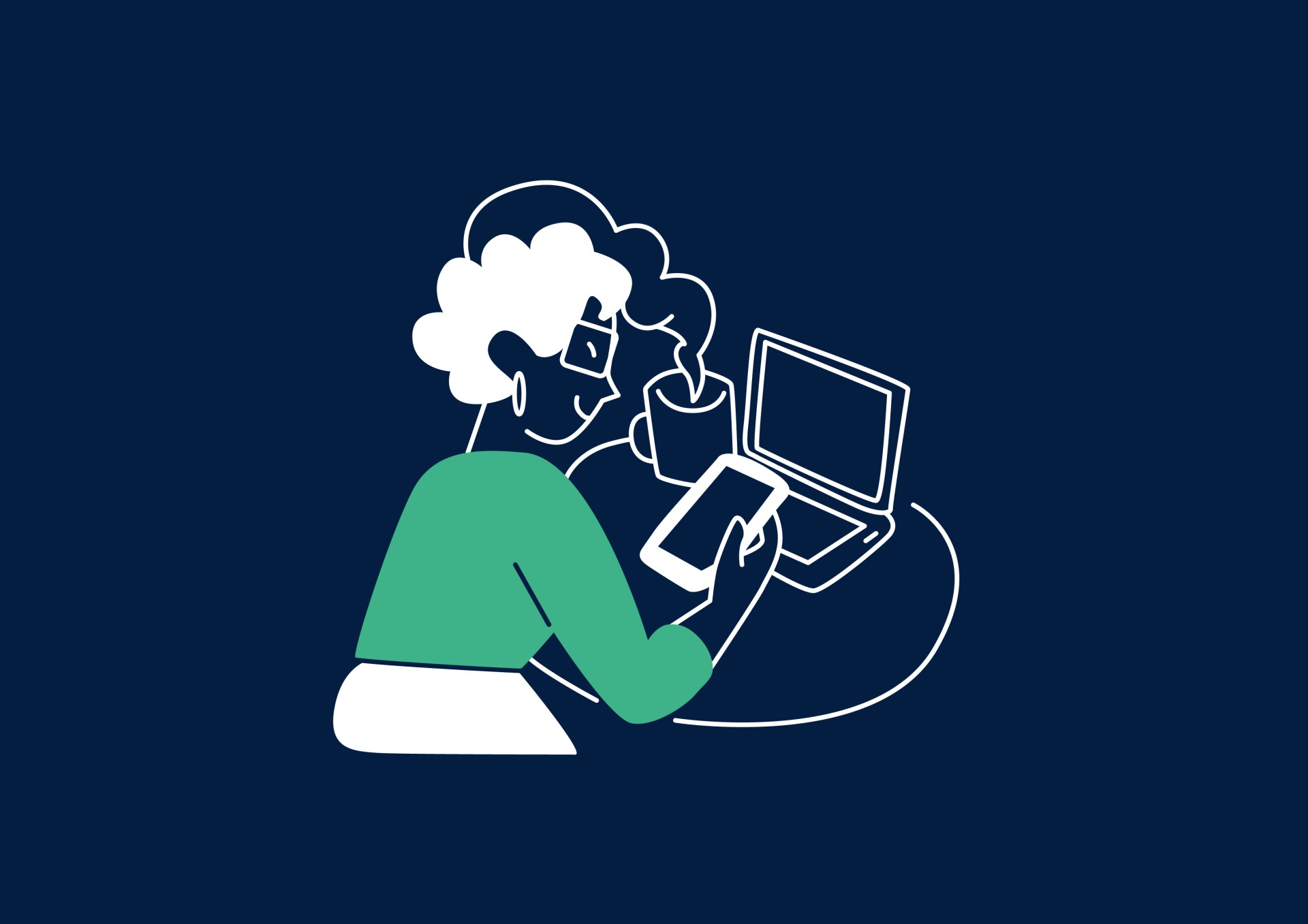 Illustration einer Frau, die mit dampfender Tasse und Smartphone vor einem Laptop sitzt.